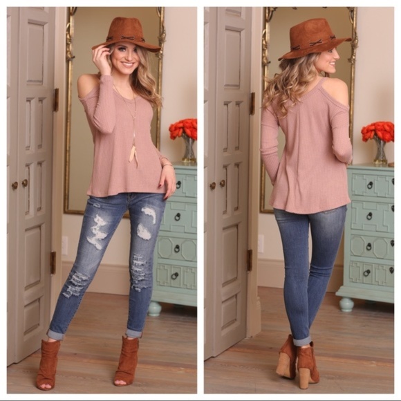 LAST ONE! Rose Taupe Waffle Knit Cold Shoulder Top - Picture 3 of 4
